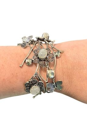 Silver Floral and Butterfly Moonstone Cuff Bracelet